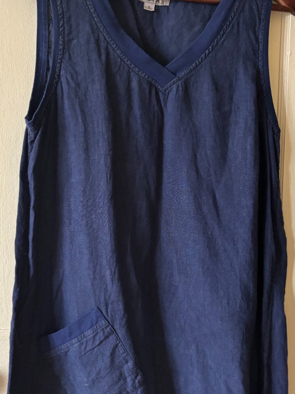 FLAX 100% European Linen V-Neck Sleeveless Tunic Top Navy Blue Size S EUC